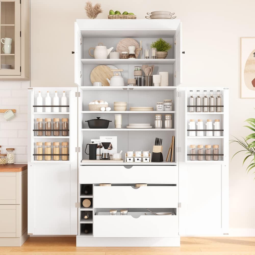 77" Tall Buffet Sideboard Storage Cabinet for Dining Room, Freestanding Kitchen Pantry Cabinetwith Drawers and Wine Racks