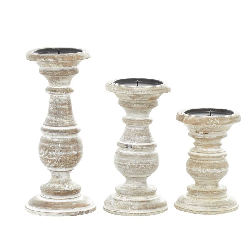 Mango Wood Distressed Turned Pillar Decorative Candle Holder - Set of 3 - Roche River Decor - Cream - 6", 8", 10"H
