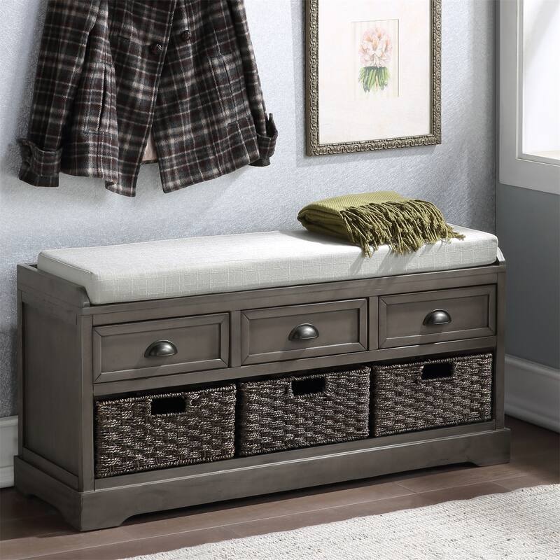Wood Storage Bench with 3 Drawers and 3 Baskets
