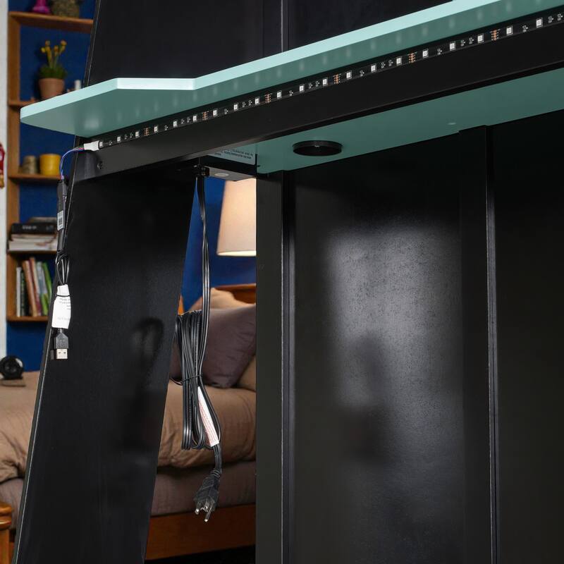 L-Shaped Twin Gaming Bed Frame with RGB LED Lights, USB Ports, TV Stand, Storage Shelves & Reversible Loft Design