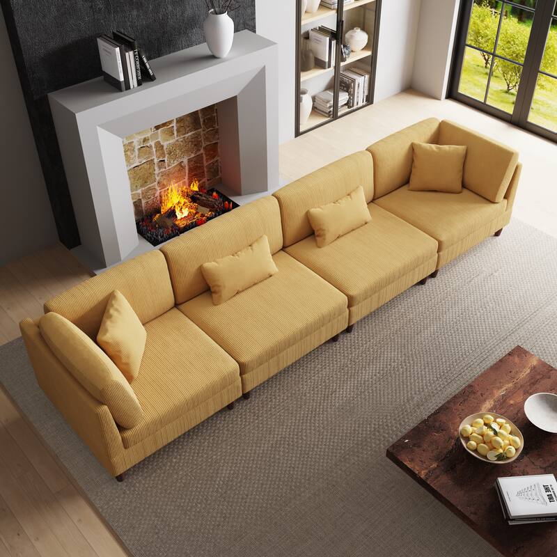 4-Piece Modern Corduroy Modular Sectional Sofa with pillows For Living Room