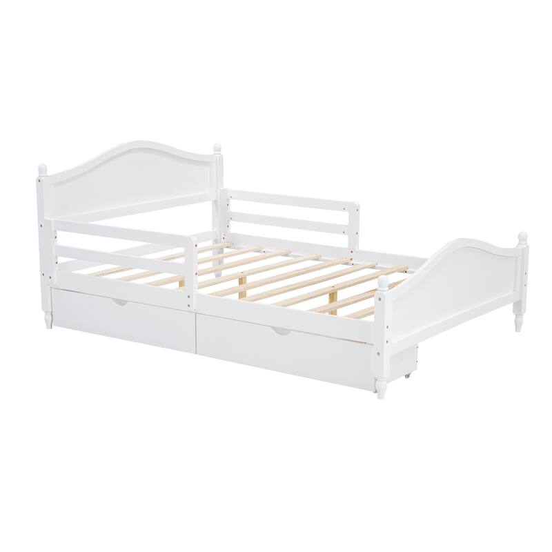 Wood Platform Bed with Guardrails on Both Sides and Two Storage Drawers