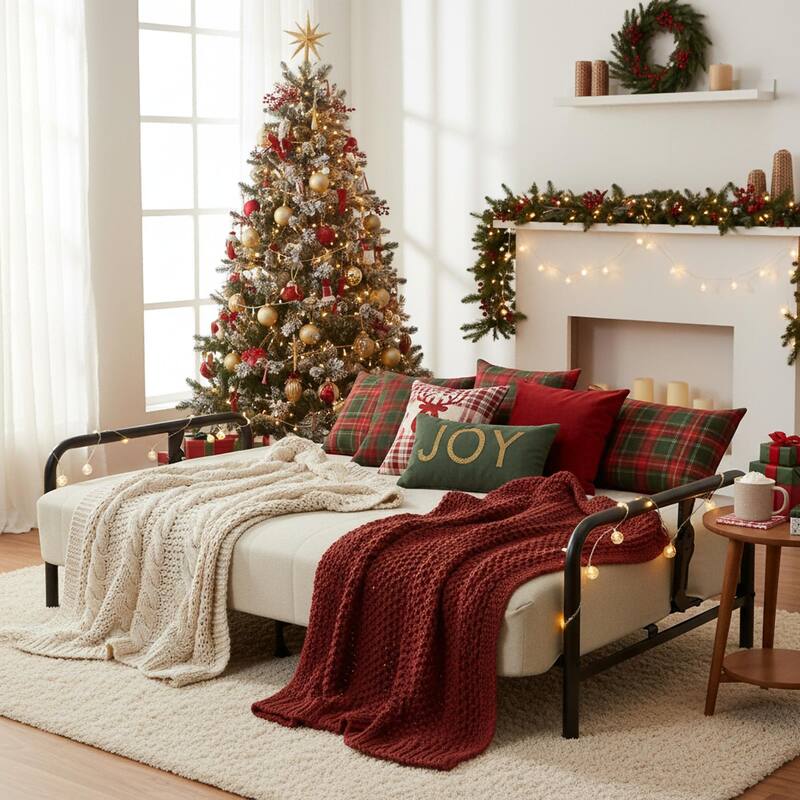 HOMYLIN Convertible Sofa Bed with Metal Frame & Linen Upholstery