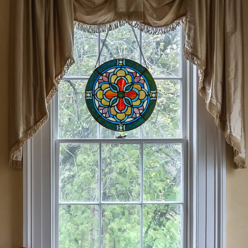 Geometric River of Goods Teal and Yellow Tiffany-Style Stained Glass Round Window Panel - 12" x 0.25" x 12"