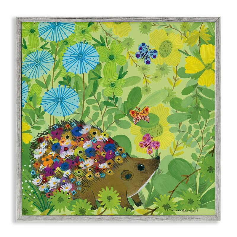 Stupell Happy Hedgehog & Flowers Framed Giclee Art Design By Kay Widdowson - 12 x 12 - Grey