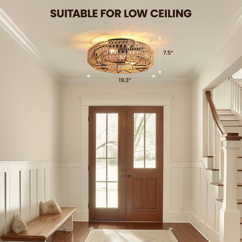 19 In. Rattan Low Profile Ceiling Fan With Lights And Remote, Black Flush Mount Ceiling Fan Light
