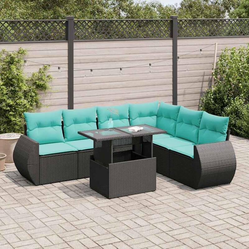 vidaXL 7 Piece Patio Sofa Set with Cushions Black/Brown/Gray Poly Rattan - 24.4 x 24.4 x 27.2