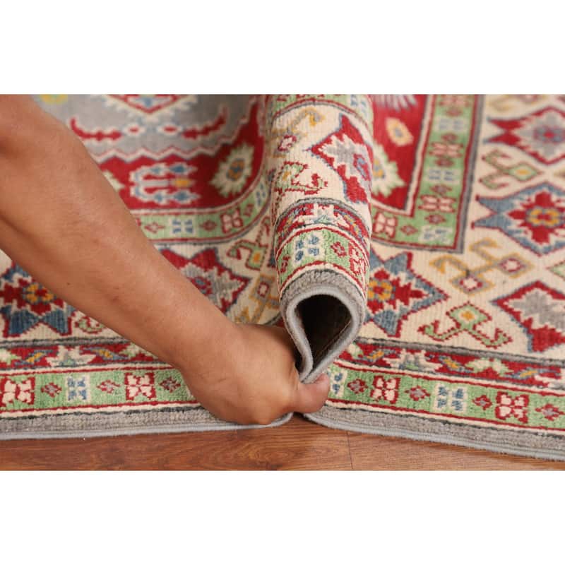 Gray Geometric Kazak Rug Hand-Knotted Oriental Wool Carpet - 5'1" x 6'9"