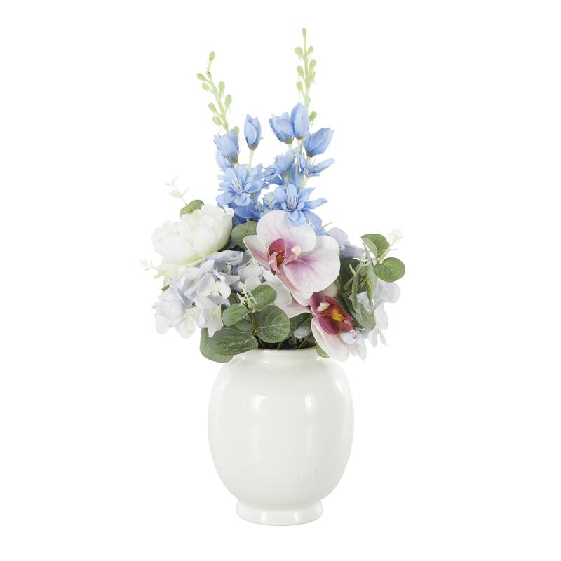 White Fabric Artificial Flower with Green Leaves and Round Ceramic Vase