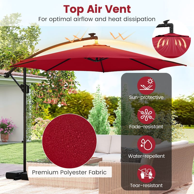 Costway 10 FT Solar Offset Hanging Umbrella with Base Patio Cantilever