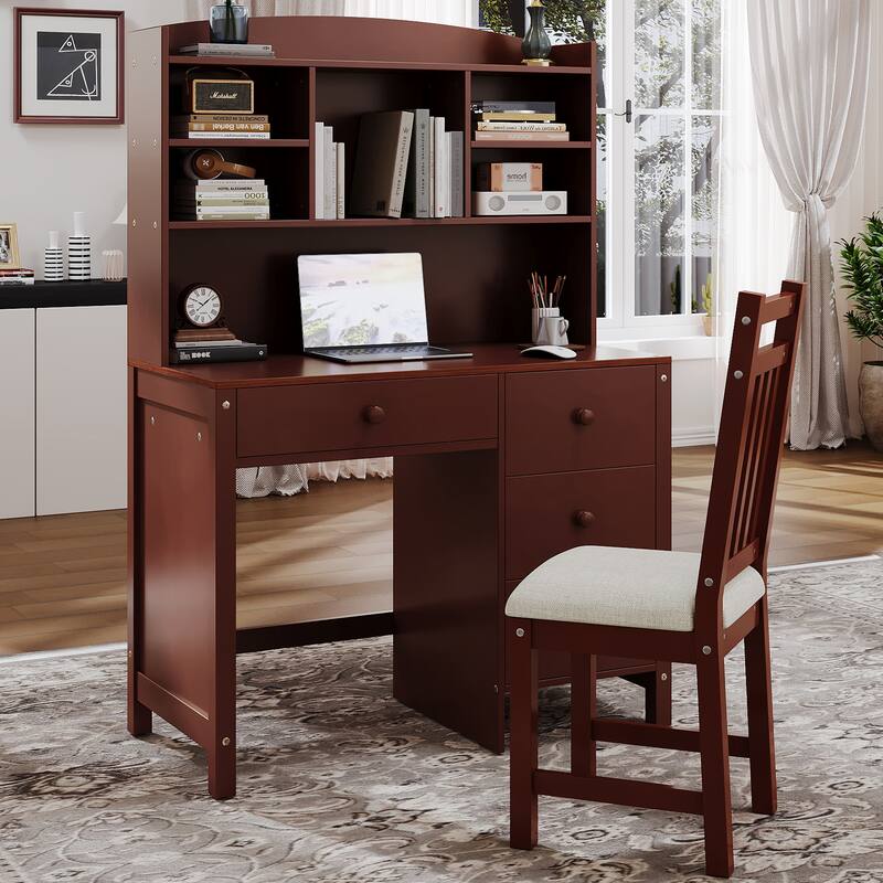 Computer Desk Set with 4 Drawers, Storage Shelf and Chair Writing Desk