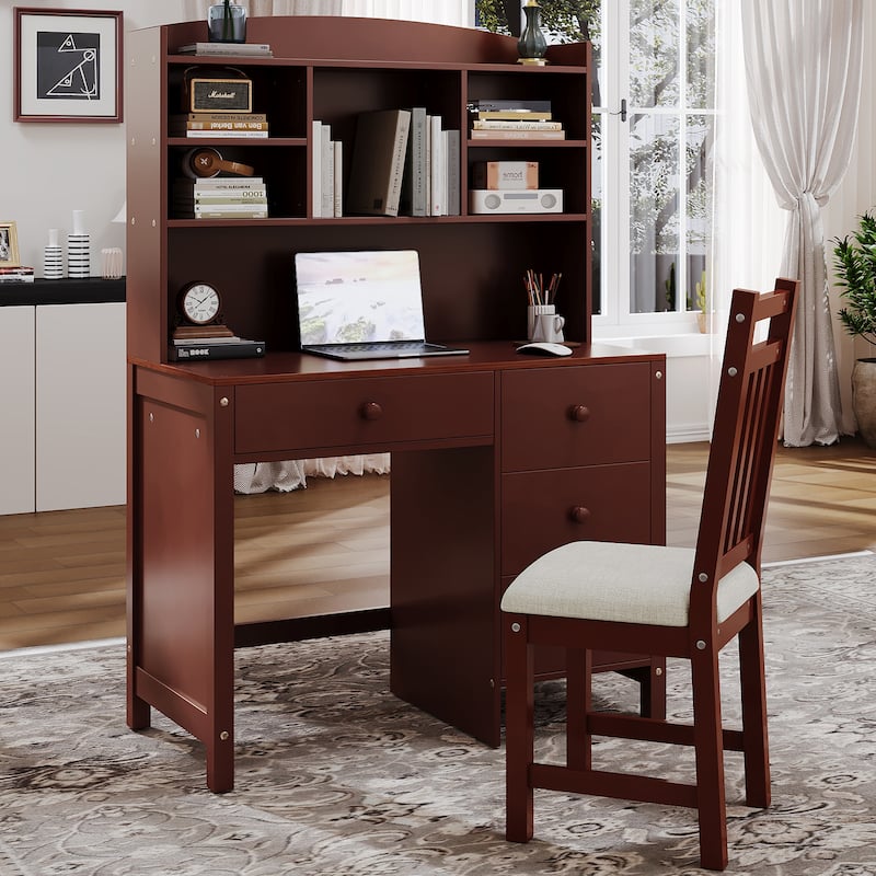 Vintage Student Desks and Upholstered Chair Set with Bookshelf - Espresso