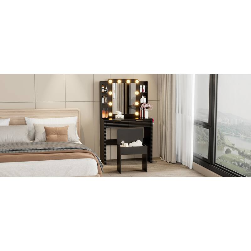 Roomfitters Makeup Vanity Table with Hollywood Lighted Mirror, Fluted Ribbed Drawers, Hair Dryer Holder and Stool, Black