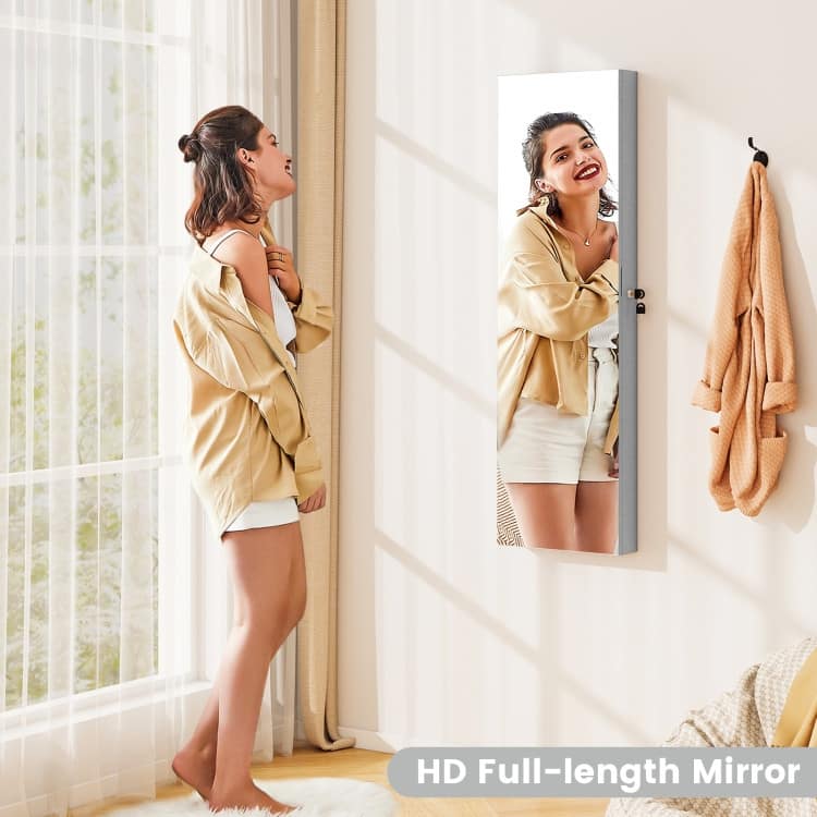 LED Lights Wall and Door Mounted Jewelry Storage Lockable Cabinet with Full Length Mirror - 14" x 4" x 54.5" (L x W x H)
