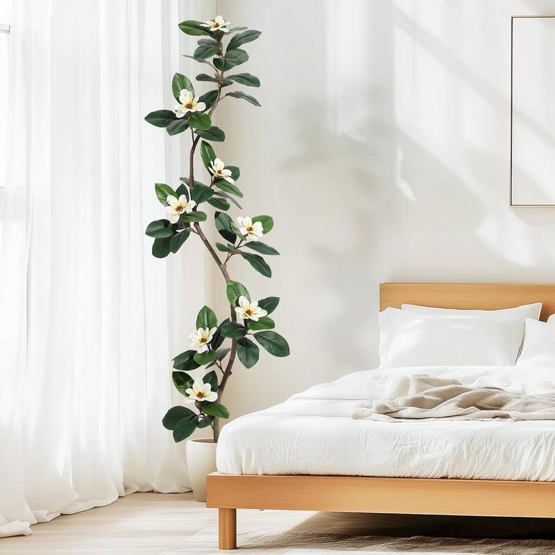 Artificial Faux Rubber Tree with Magnolia Flowers for Home Decor