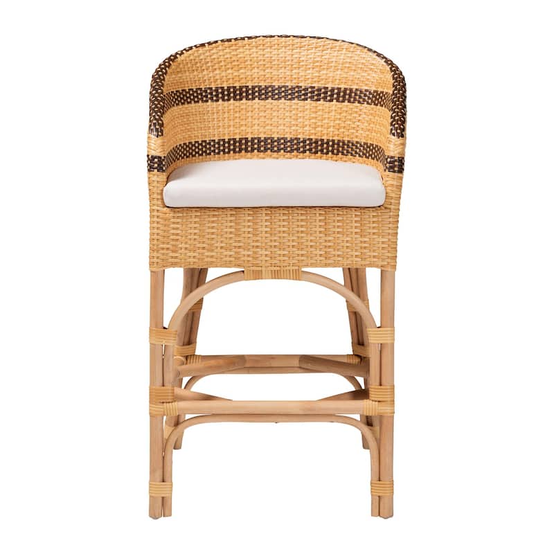 Elma Rattan Counter Stool with Cushion - Barrel-Back Counter Chair with Synthetic and Natural Rattan, Boho Coastal Style