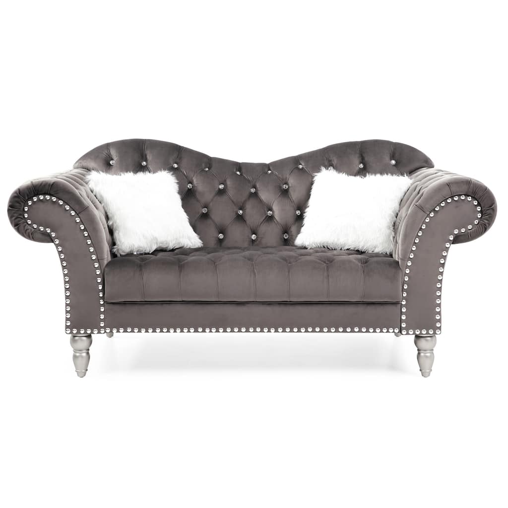 Tufted Velvet 3-Seater Sofa with Throw Pillows - 75" - Dark Gray