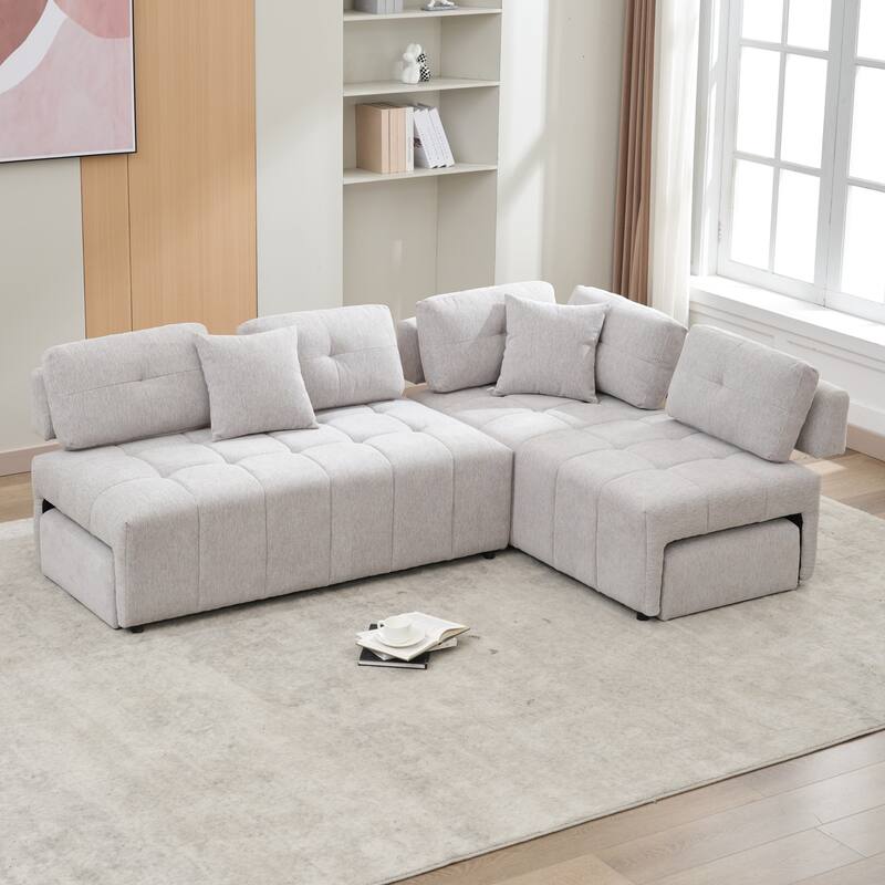 91.73" L-Shaped 4 Seater Sectional Sofa with 2 Hidden Stools, 2 Removable Lumbar Pillows, and Durable Chenille Upholstery