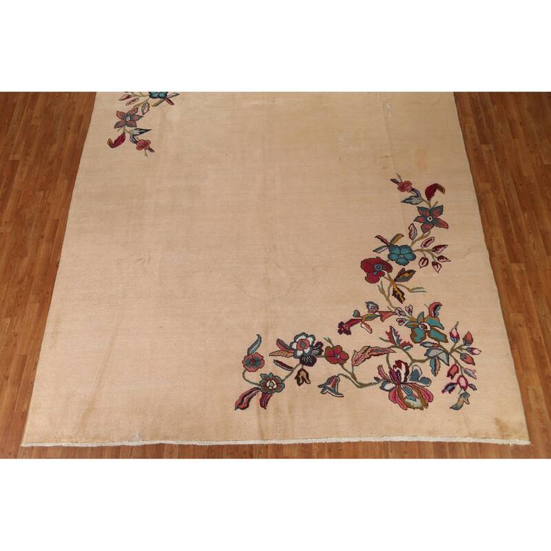 Hand Knotted Oriental 100% Wool Carpet Traditional Floral Beige & Ivories Art Deco Area Rug - 12' 10'' X 9' 5''