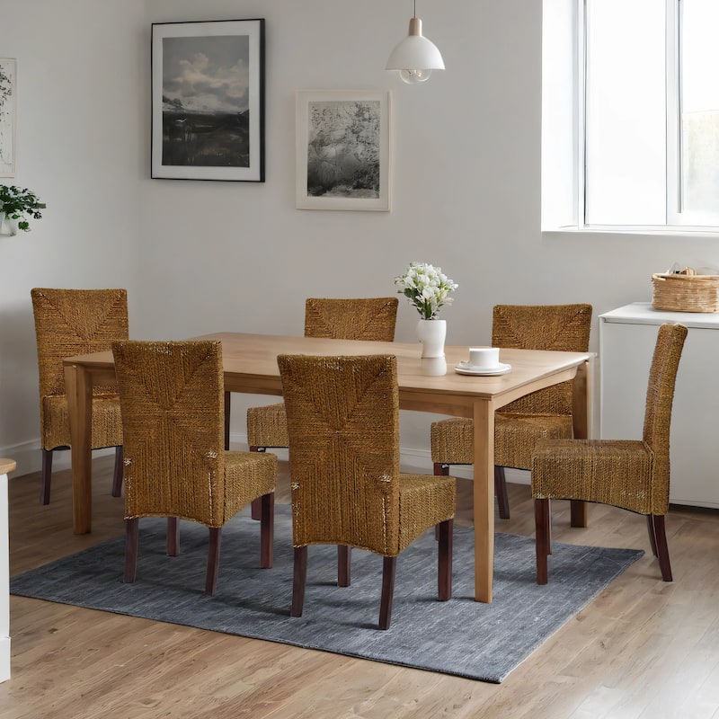 Bohemian 18.7" Wide Weave Seagrass Rattan Dining chairs with High Back - 18.7"W x 20.5"L x 36"H - Set of 6 - Dark Brown