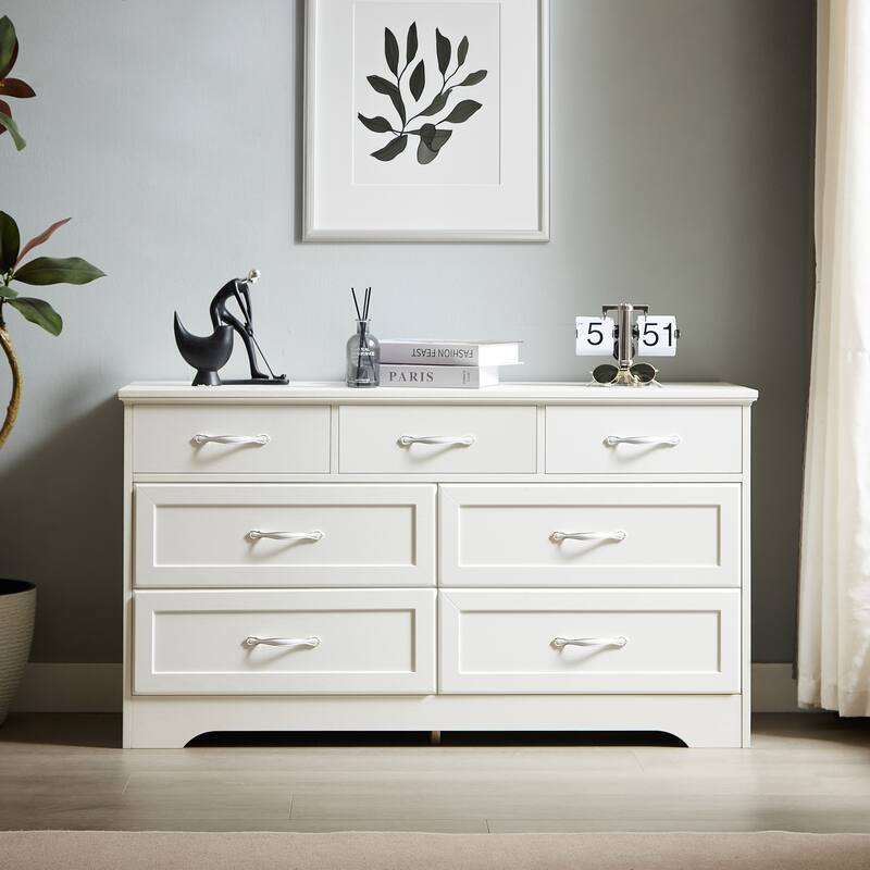 Modern Drawer Dresser Clothes Organizer with 7 Drawers Metal Handle Anti-Tip Device, for Living Room Bedroom Hallway, White - White