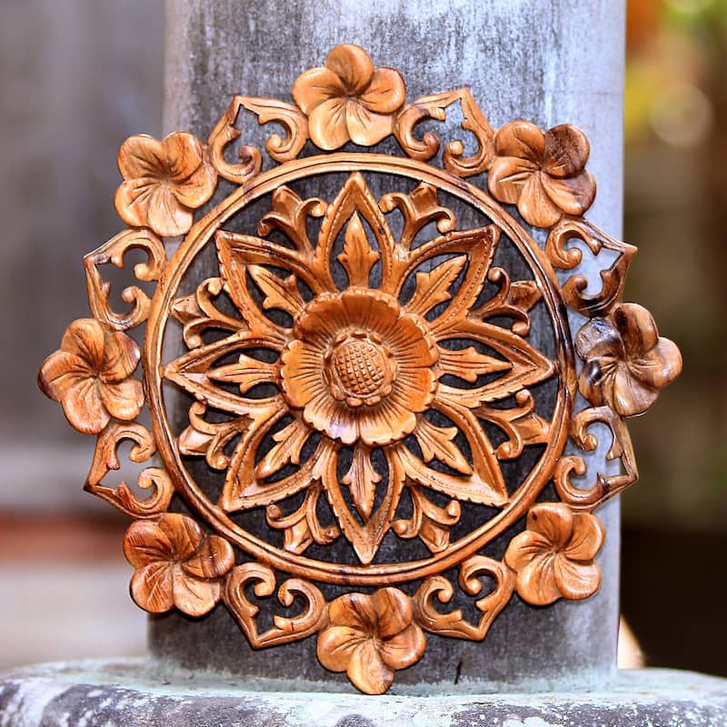 Novica Handmade Lotus And Plumeria Wood Relief Panel