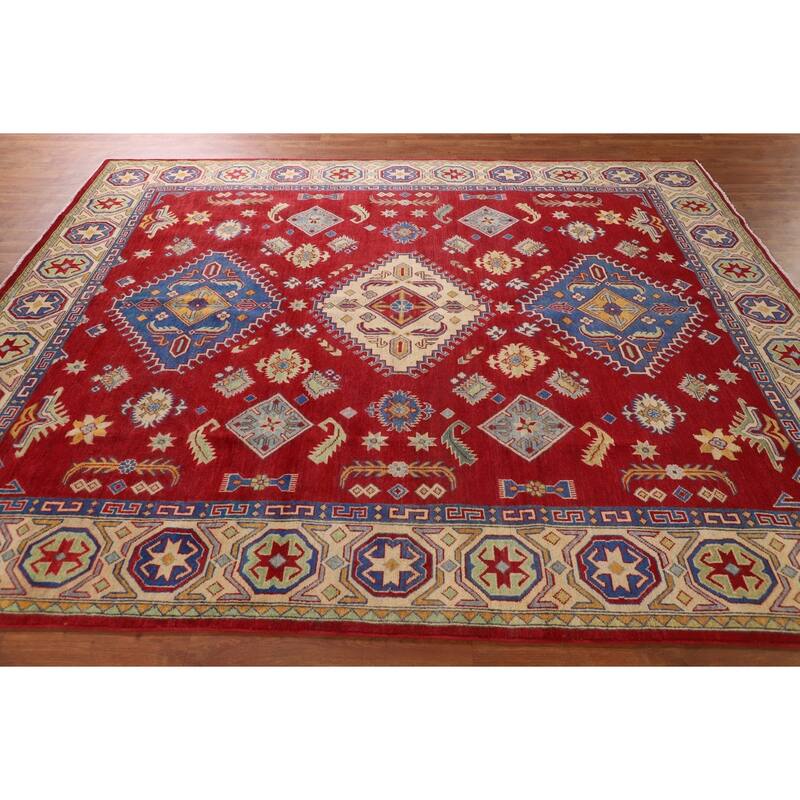 Red Geometric Kazak Rug Handmade Wool Carpet - 7'10"x 9'6"