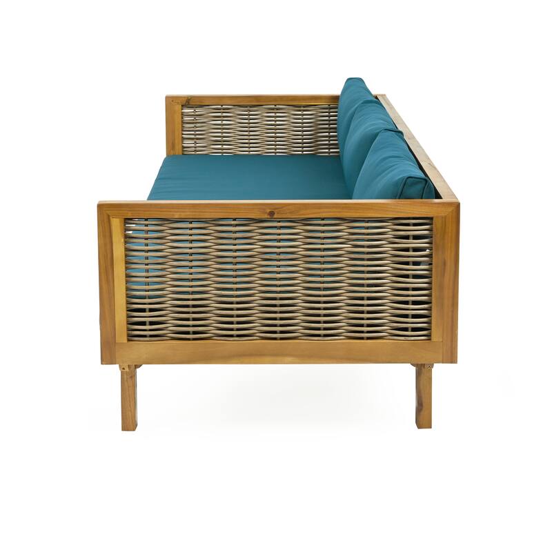 Acacia Wood Daybed with Rattan Arms Slat Paneling and Water Resistant Cushions