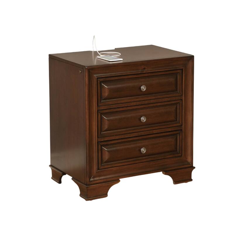 Wooden Night Stand With 3 Drawers In Cherry Brown