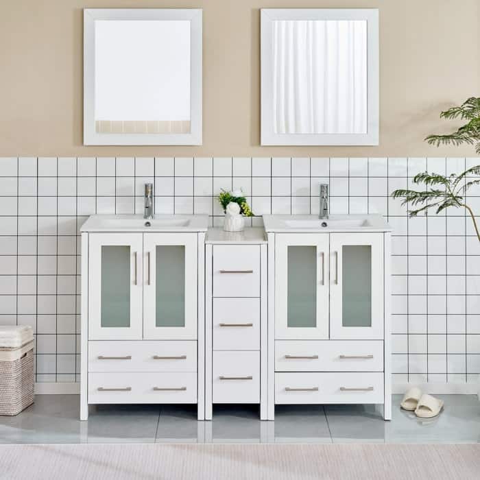 Vanity Art 60 in. Double Sink Bathroom Vanity with Top and Mirrors - 60 X 18.1 X 35.8 - White