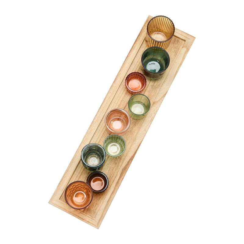 Wood Tray with 9 Blue & Green Glass Votive Holders