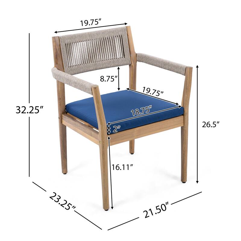 Roomfitters 3-Piece Acacia Wood Patio Set, 2 Braided Rope Dining Chairs with Navy Cushions & Teak-Look Table