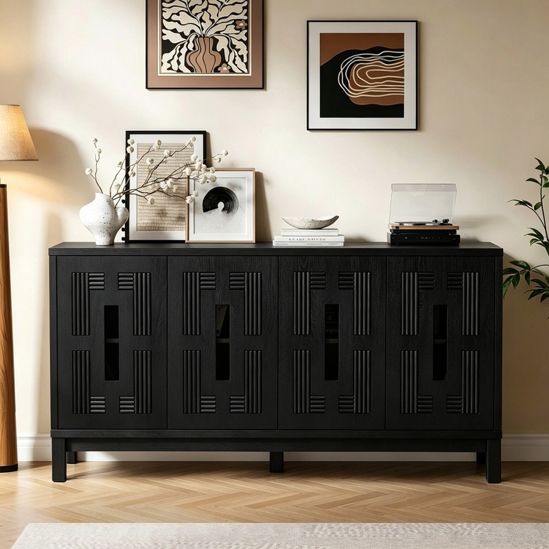 60.7"Mid Century Modern Sideboard Buffet,4-Door Geometric Reeded Carved Storage Cabinet,TV Console Table with Solid Wood Legs