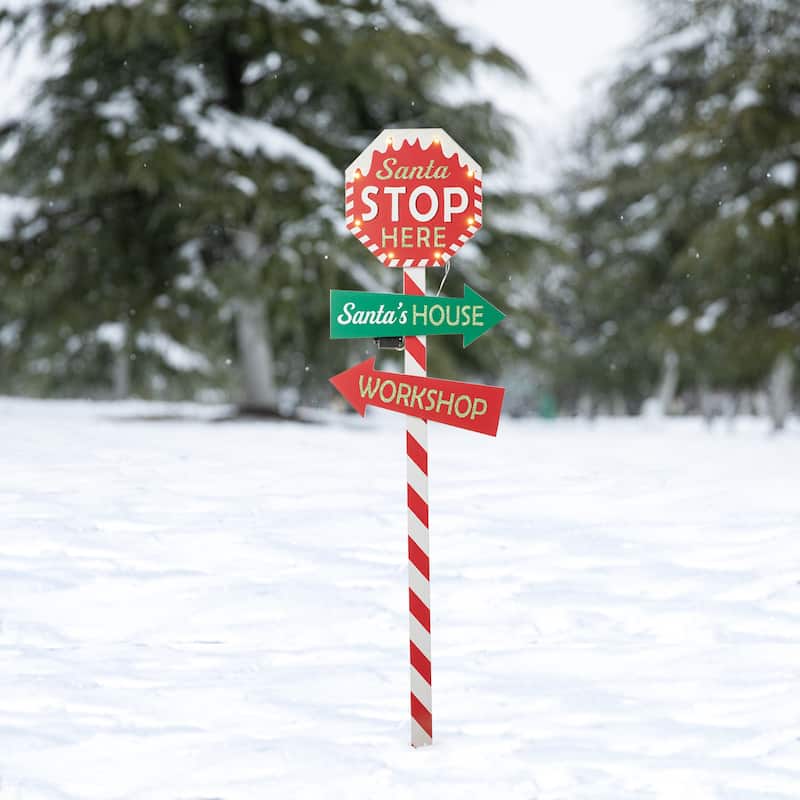 Glitzhome Christmas Lighted Wooden Santa Stop Here Yard Stake Outdoor Decor