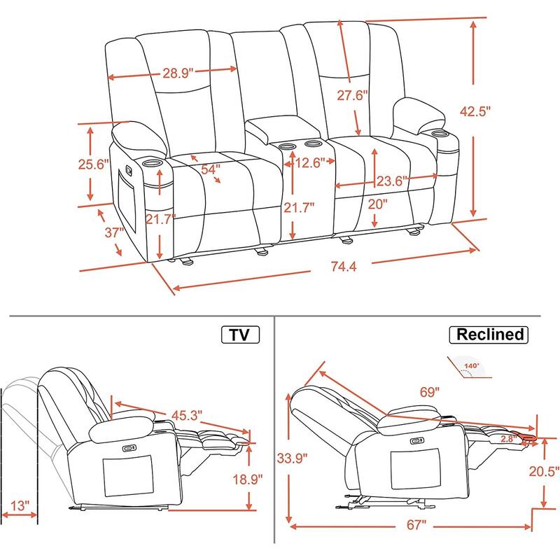 MCombo Electric Power Reclining Sofa with Massage and Lumbar Heat, Fabric 6015/6025/6035/6045