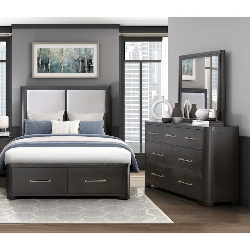 Charcoal Finish Bedroom Storage Bed Dresser Mirror Set Wooden Furniture