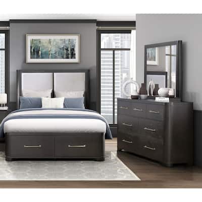 Charcoal Finish Bedroom Storage Bed Dresser Mirror Set Wooden Furniture
