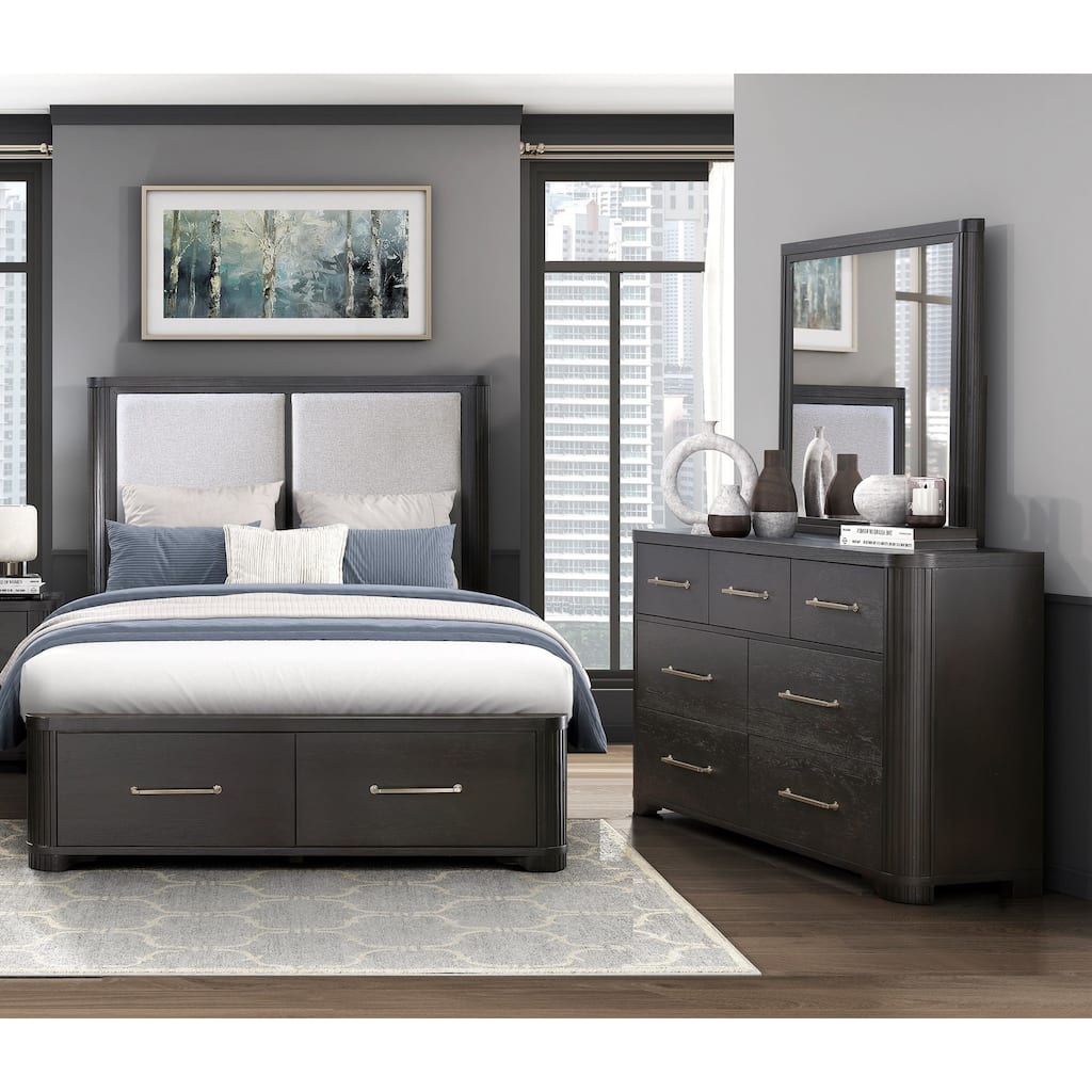 Charcoal Finish Bedroom Storage Bed Dresser Mirror Set Wooden Furniture
