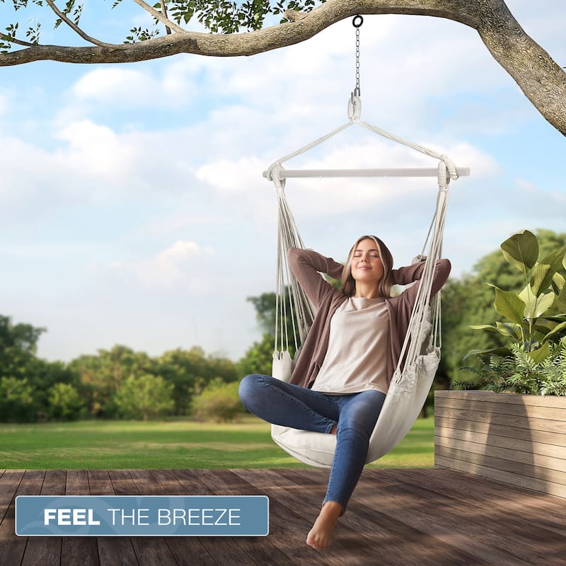 Hanging Rope Hammock Chair Swing Seat for Any Indoor or Outdoor Spaces, 2 Seat Cushions Included (White)