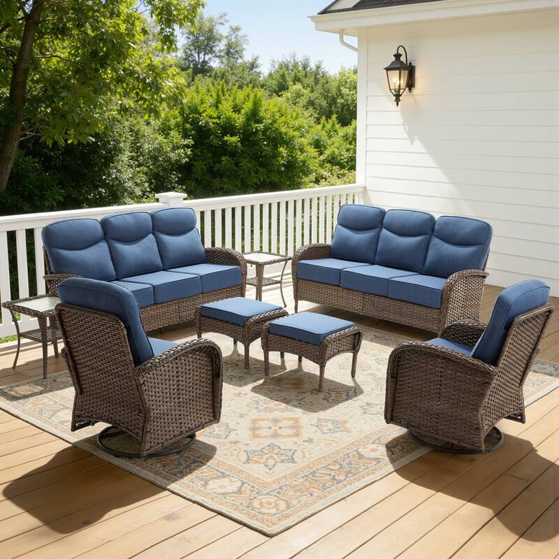 Meyreso 8-Piece Wicker Patio Conversation Set with Swivel Gliders and 6-Inch Thick Olefin Cushions