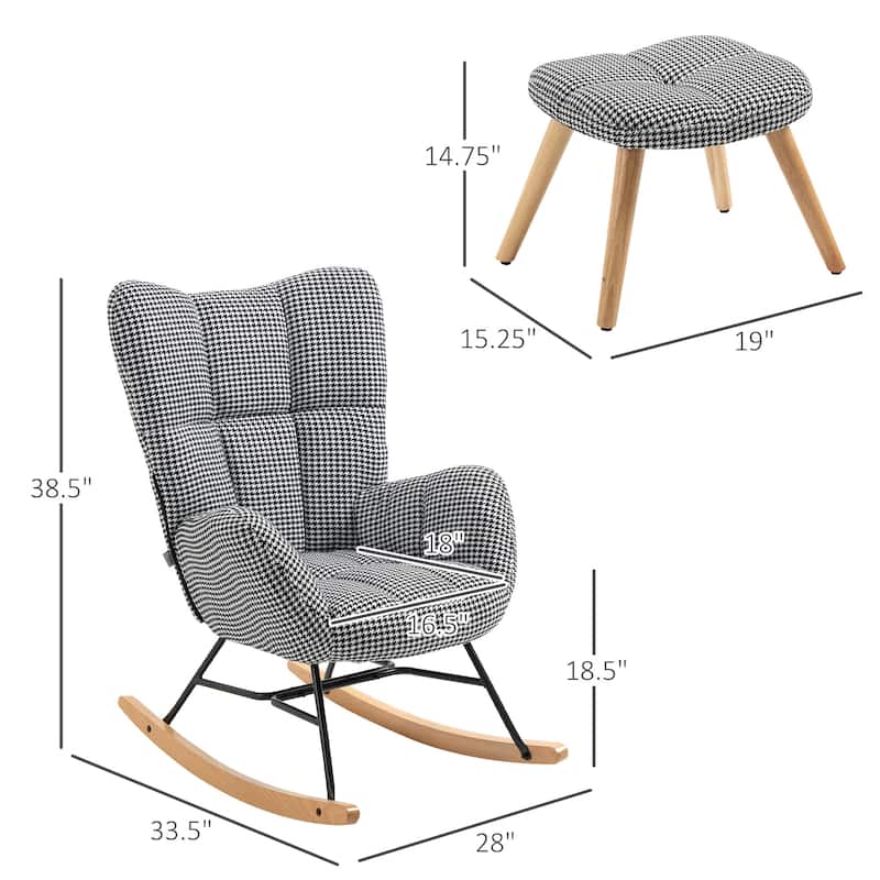 HOMCOM Glider Rocker with Ottoman Set, Houndstooth Nursery Rocking Chair, Upholstered Wingback Armchair