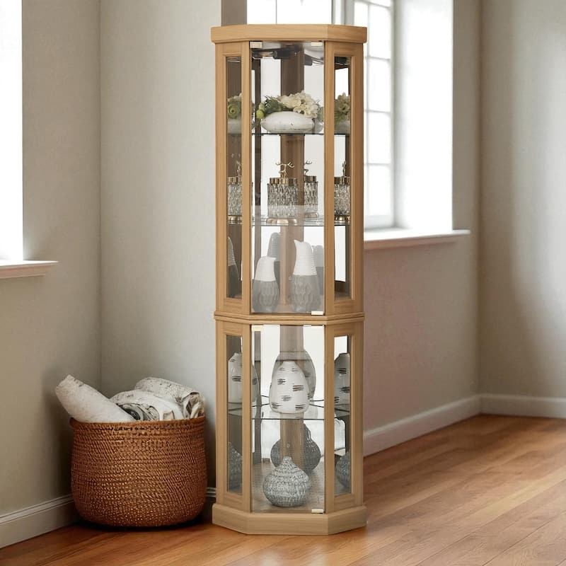 Lighted Corner Curio Cabinet with Glass Doors, Adjustable Shelves & Mirrored Back, Elegant Display Case for Collectibles - Oak