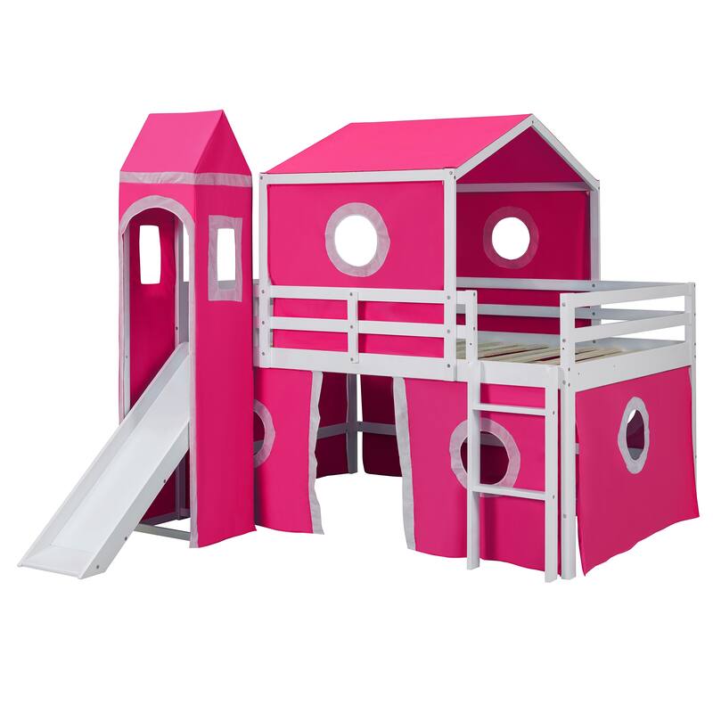 Solid Wood Loft House Bed with Slide Tent, Tower, Ladder, and Fence Baffle for Bedroom