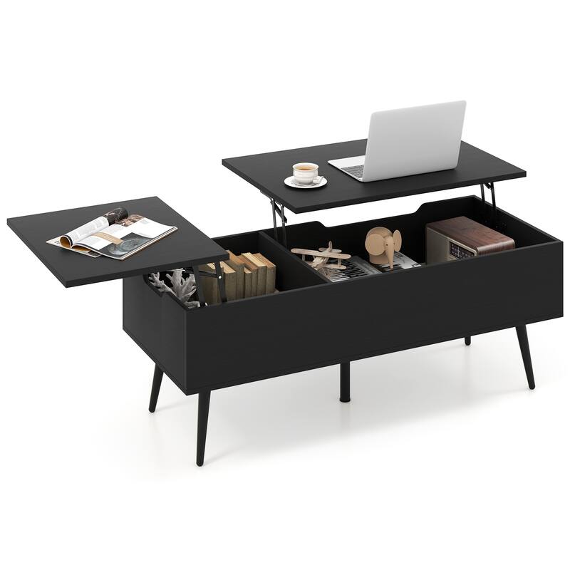 Gymax Lift Top Coffee Table w/ Split Top & 2 Hidden Compartments - Black - Wood
