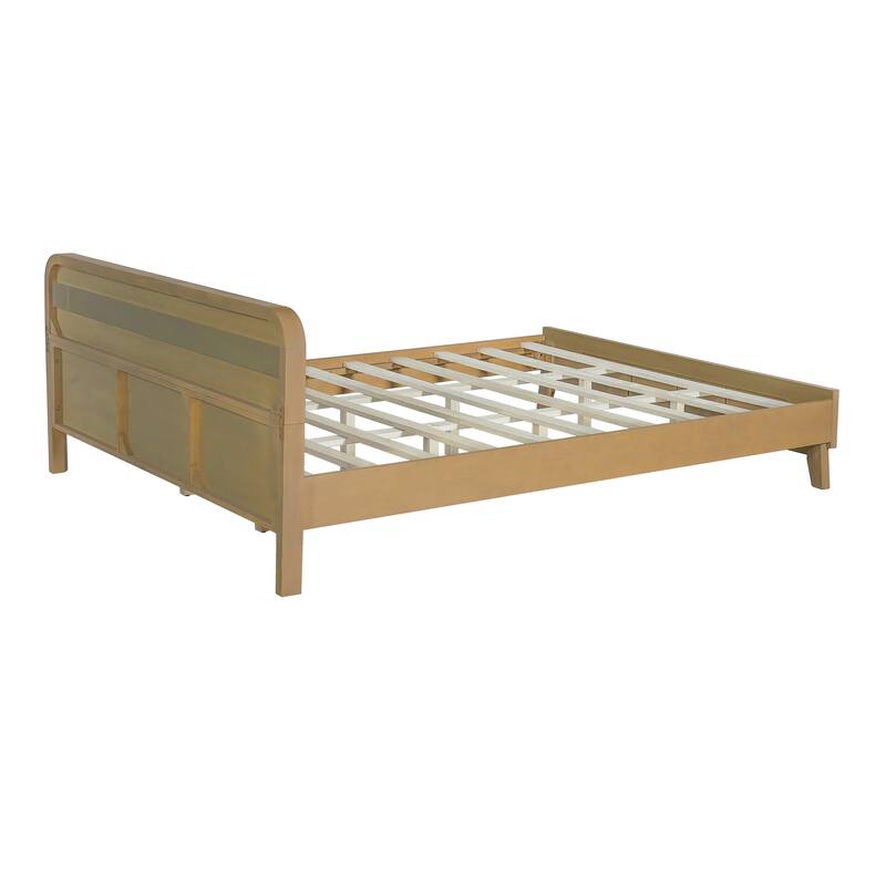 Rustic Pine Wood Bed Frame Low-Profile Platform Bed with Panel Headboard Solid Wood Slat Support and Extra Wide Thickened Legs