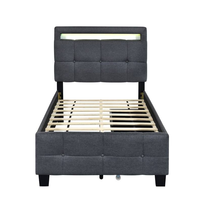 Twin Size Linen Upholstered Platform Bed with LED and 2 Drawers