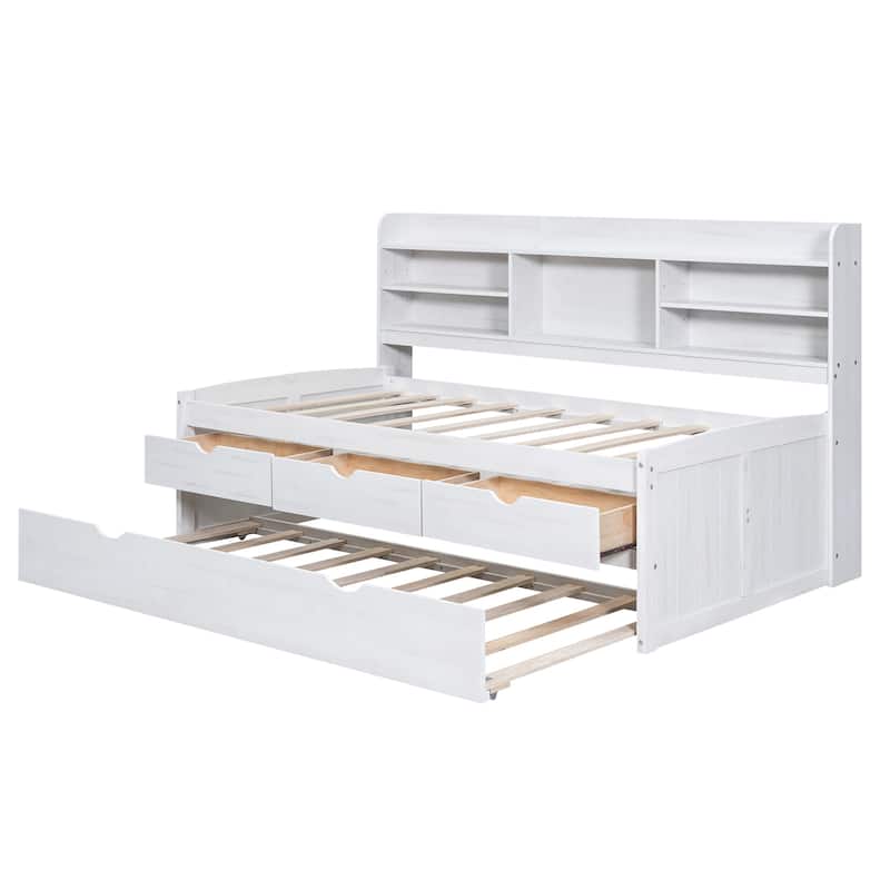 Wooden Bed with Built-in Bookshelves,Three Storage Drawers and Trundle