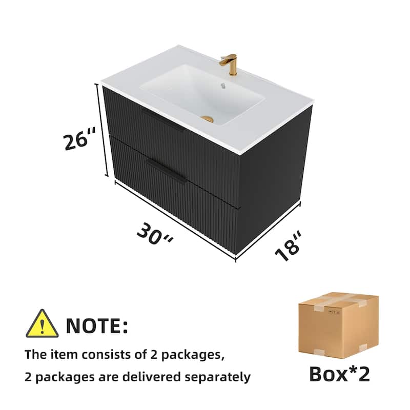 30 Inch Floating Bathroom Vanity with Ceramic Sink, Wall Mounted Fluted Cabinet with Drawers, Modern MDF Design