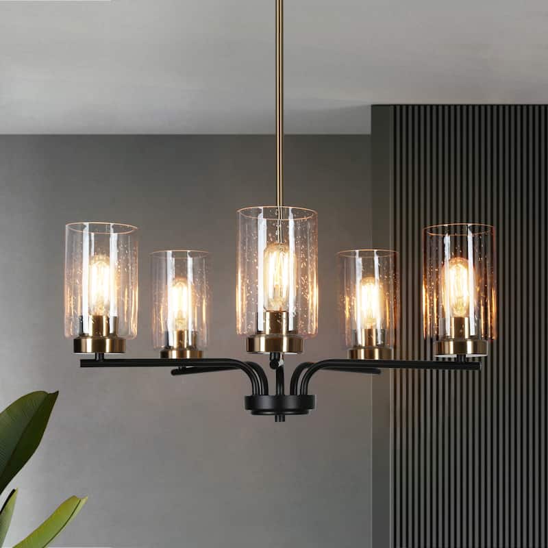 Modern 5-Light Black Gold Wheel Chandelier Cylindrical Seeded Glass Pendant Lights for Dining Room - Seeded Glass