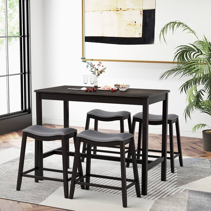 Gymax 5PCS Bar Table Set Counter Height Table & Upholstered Saddle